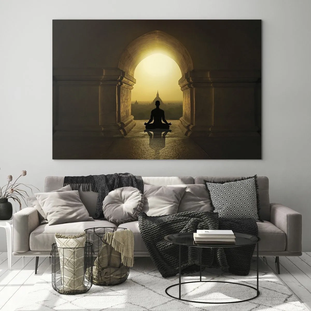 Quadro su vetro - Silhouette di una persona in meditazione alla luce del sole al tramonto in un arco architettonico - 100x70cm - Armonia completa - Decorazione murale moderna per soggiorno e camera da letto ARTTOR