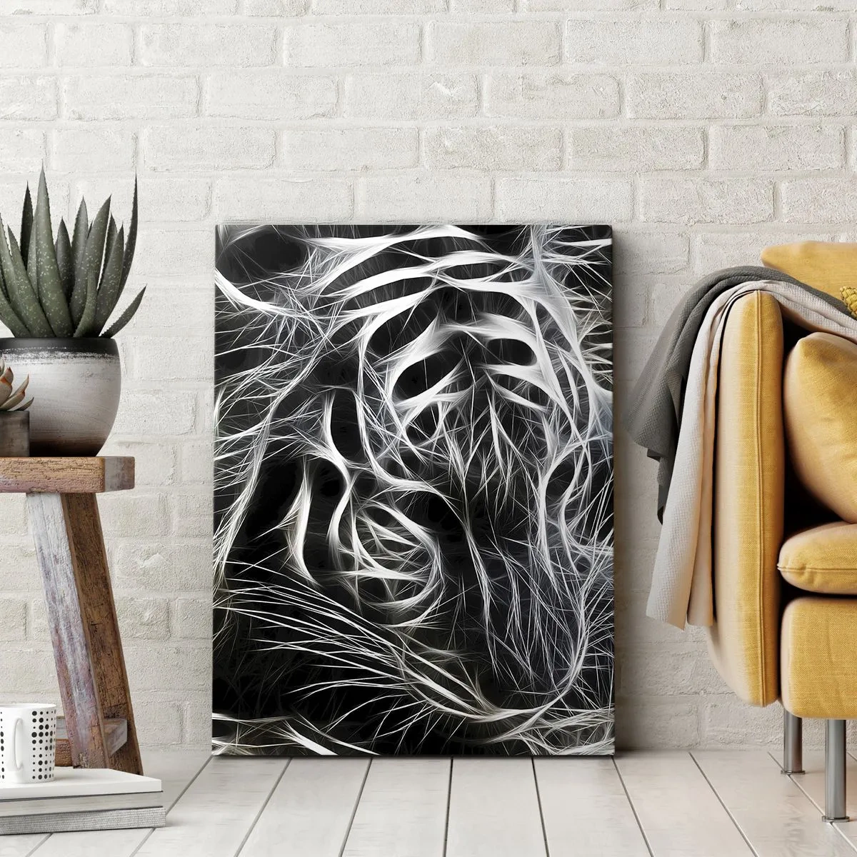 Quadro su tela - Stampe su Tela - Un motivo astratto che raffigura la sagoma di un gatto su uno sfondo nero. - 50x70cm - Studio di leggerezza felina - Decorazione murale moderna per soggiorno e camera da letto ARTTOR