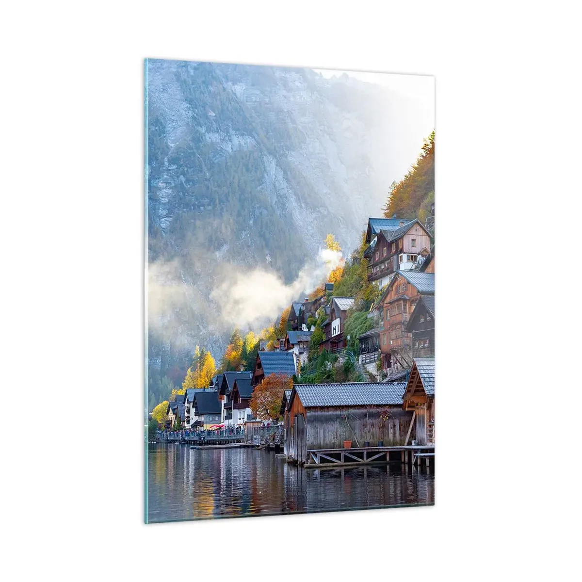 Quadro su vetro - Una mattina d'autunno in una cittadina di montagna in riva a un lago - 50x70cm - Atmosfera alpina - Decorazione murale moderna per soggiorno e camera da letto ARTTOR