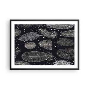 Poster in cornice nera - Delicate piume bianche su sfondo blu navy - 70x50cm - Pizzo piumato - Decorazione murale moderna per soggiorno e camera da letto ARTTOR