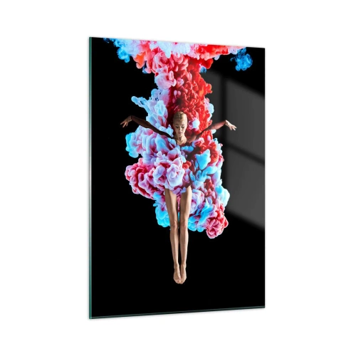 Quadro su vetro - Una ballerina circondata da fumo colorato su uno sfondo nero - 50x70cm - In pieno rigoglio - Decorazione murale moderna per soggiorno e camera da letto ARTTOR