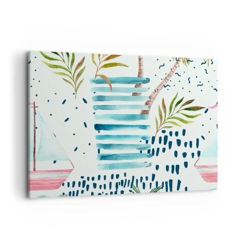 Quadro su tela - Stampe su Tela - Motivo astratto con palme e accenti nautici - 120x80cm - Vacanze sotto le palme - Decorazione murale moderna per soggiorno e camera da letto ARTTOR