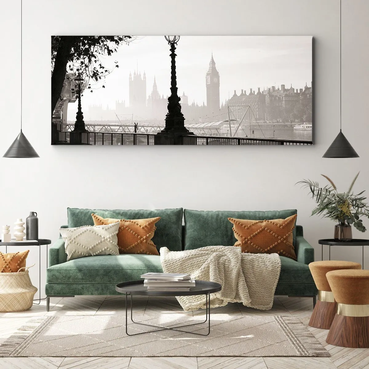 Quadro su tela - Stampe su Tela - Una vista monocromatica del Big Ben e del Tamigi. - 120x50cm - Un mattino a Londra - Decorazione murale moderna per soggiorno e camera da letto ARTTOR