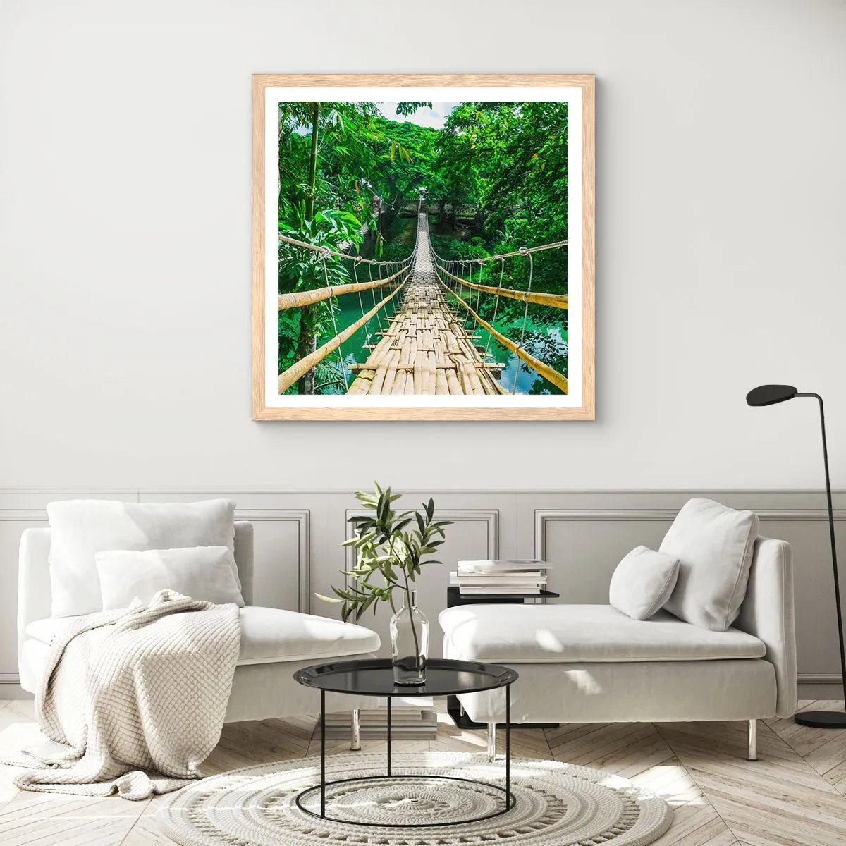 Poster in cornice rovere chiaro - Ponte sospeso sopra il verde - 40x40 cm