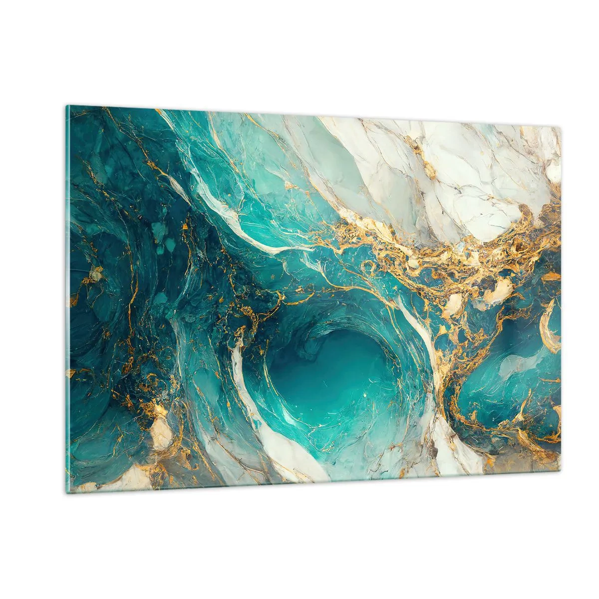 Quadro su vetro - Composizione astratta con venature turchesi e dorate - 120x80cm - Composizione con vene d'oro - Decorazione murale moderna per soggiorno e camera da letto ARTTOR