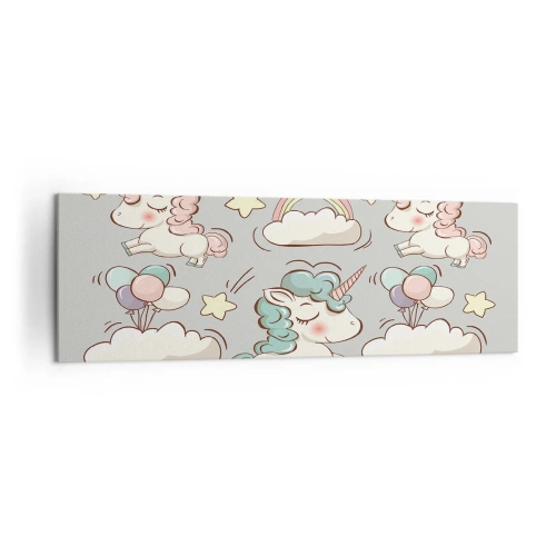 Quadro su tela - Stampe su Tela - Simpatici unicorni su sfondo pastello - 160x50cm - Sicuramente esistono… - Decorazione murale moderna per soggiorno e camera da letto ARTTOR