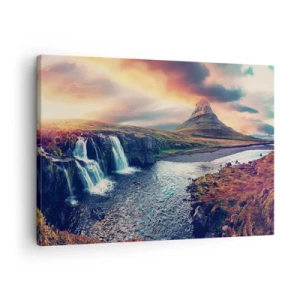 Quadro su tela - Stampe su Tela - Vista della cascata e della montagna alla luce del sole al tramonto - 70x50cm - Nella maestà della natura - Decorazione murale moderna per soggiorno e camera da letto ARTTOR