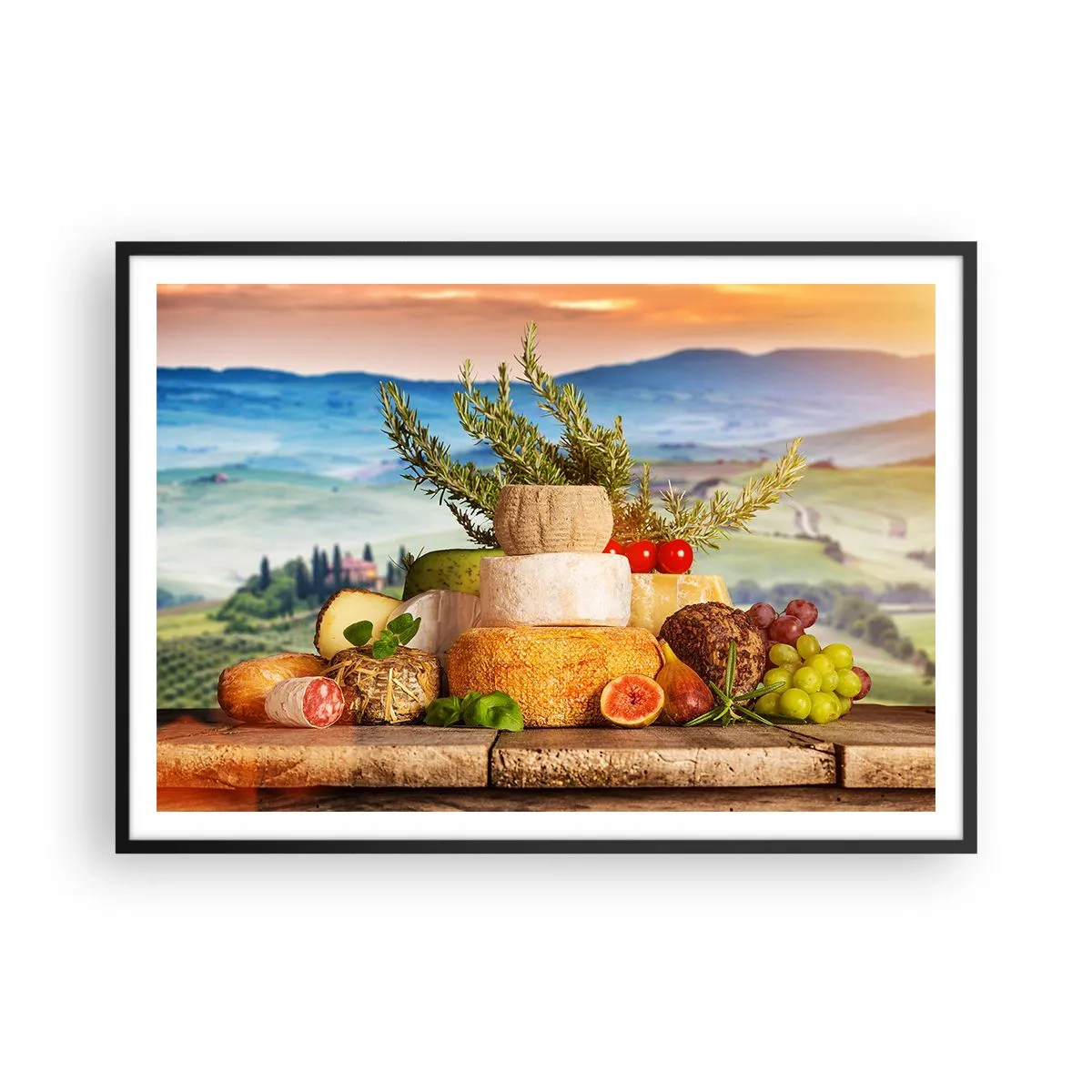 Poster in cornice nera - Una composizione di formaggi e frutta sullo sfondo del paesaggio toscano - 100x70cm - La gioia italiana della vita - Decorazione murale moderna per soggiorno e camera da letto ARTTOR