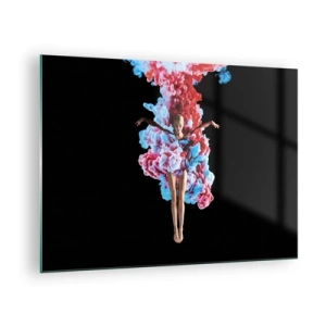 Quadro su vetro - Una ballerina circondata da fumo colorato su uno sfondo nero - 70x50cm - In pieno rigoglio - Decorazione murale moderna per soggiorno e camera da letto ARTTOR