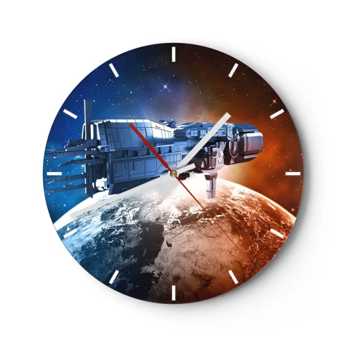 Orologio da parete - Orologio in Vetro - Un quadrante di orologio con il motivo di un'astronave sospesa sopra la Terra - 30x30cm - Un attento osservatore - Decorazione murale moderna per soggiorno, cucina e camera da letto ARTTOR
