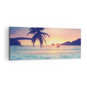 Quadro su tela - Stampe su Tela - Spiaggia con una palma e un tramonto sull'oceano - 120x50cm - Sera nell'insenatura - Decorazione murale moderna per soggiorno e camera da letto ARTTOR