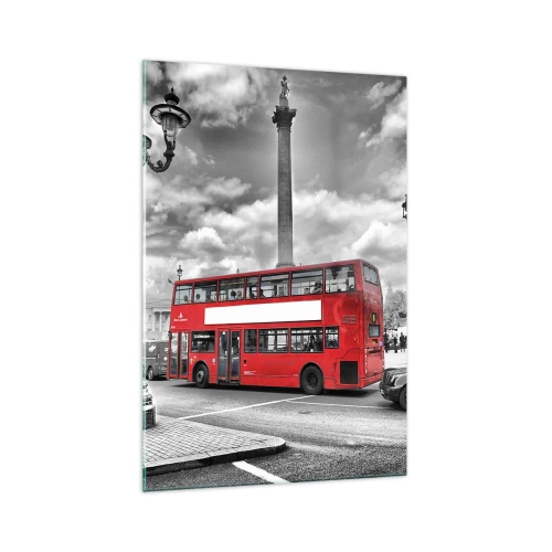 Quadro su vetro - Un autobus rosso a due piani sullo sfondo di una città in bianco e nero - 70x100cm - Il vero flusso sanguigno della città - Decorazione murale moderna per soggiorno e camera da letto ARTTOR