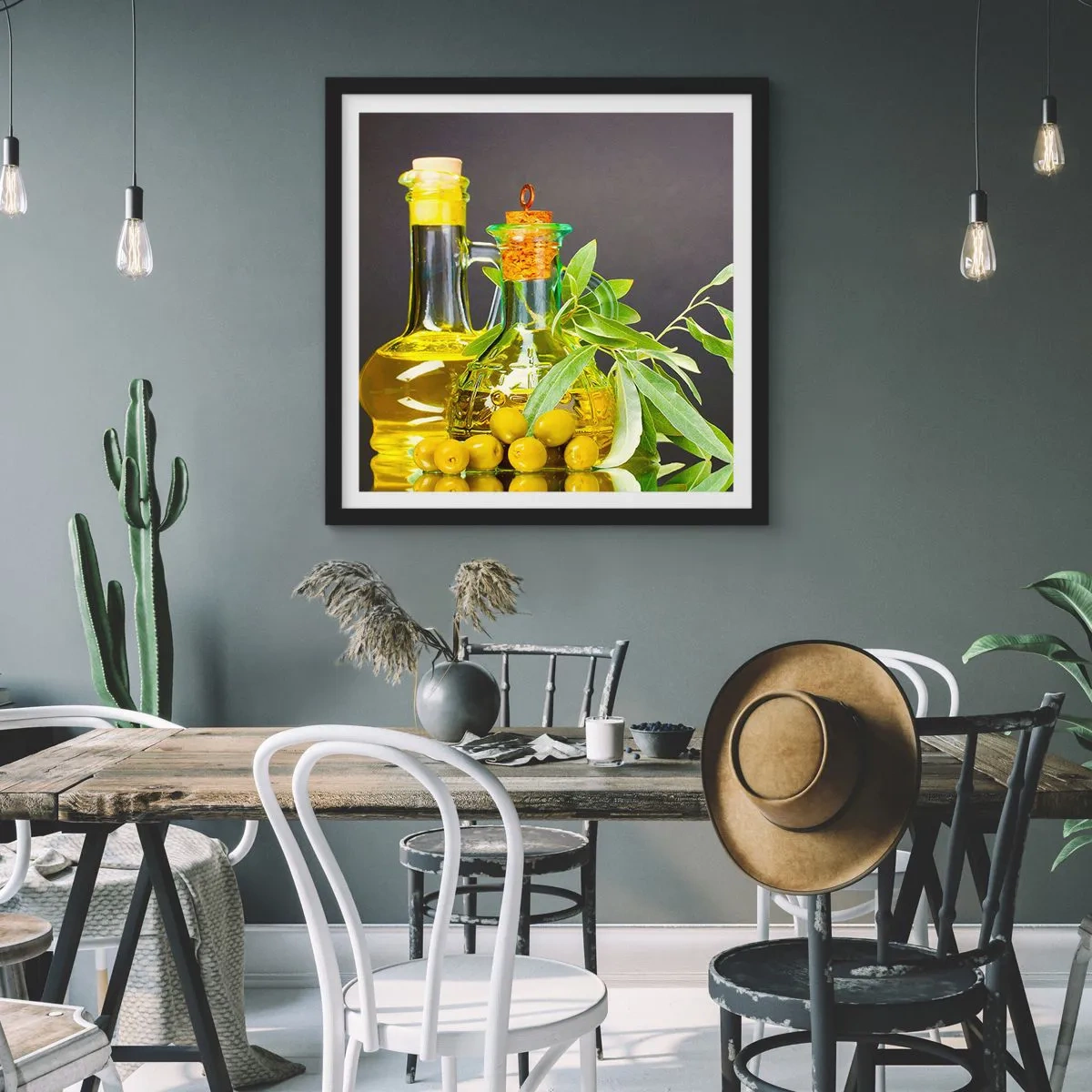 Poster in cornice nera - Natura morta con olive e olio - 40x40 cm