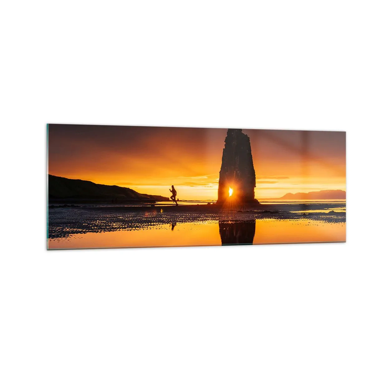 Quadro su vetro - Persona che corre sulla spiaggia al tramonto con formazione rocciosa - 140x50cm - Solo tu e la natura - Decorazione murale moderna per soggiorno e camera da letto ARTTOR
