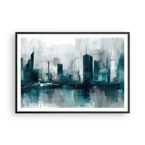 Poster in cornice nera - Una città moderna nei toni del turchese e del grigio - 100x70cm - La città al colore della pioggia - Decorazione murale moderna per soggiorno e camera da letto ARTTOR