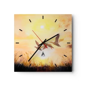 Orologio da parete - Orologio in Vetro - Anatre che volano all'alba sul lago - 30x30cm - L'inizio di un lungo viaggio - Decorazione murale moderna per soggiorno e camera da letto ARTTOR