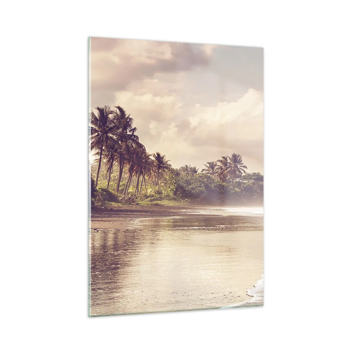 Quadro su vetro - Una spiaggia dorata con palme e un oceano calmo nella luce soffusa - 50x70cm - La carezza delle onde - Decorazione murale moderna per soggiorno e camera da letto ARTTOR