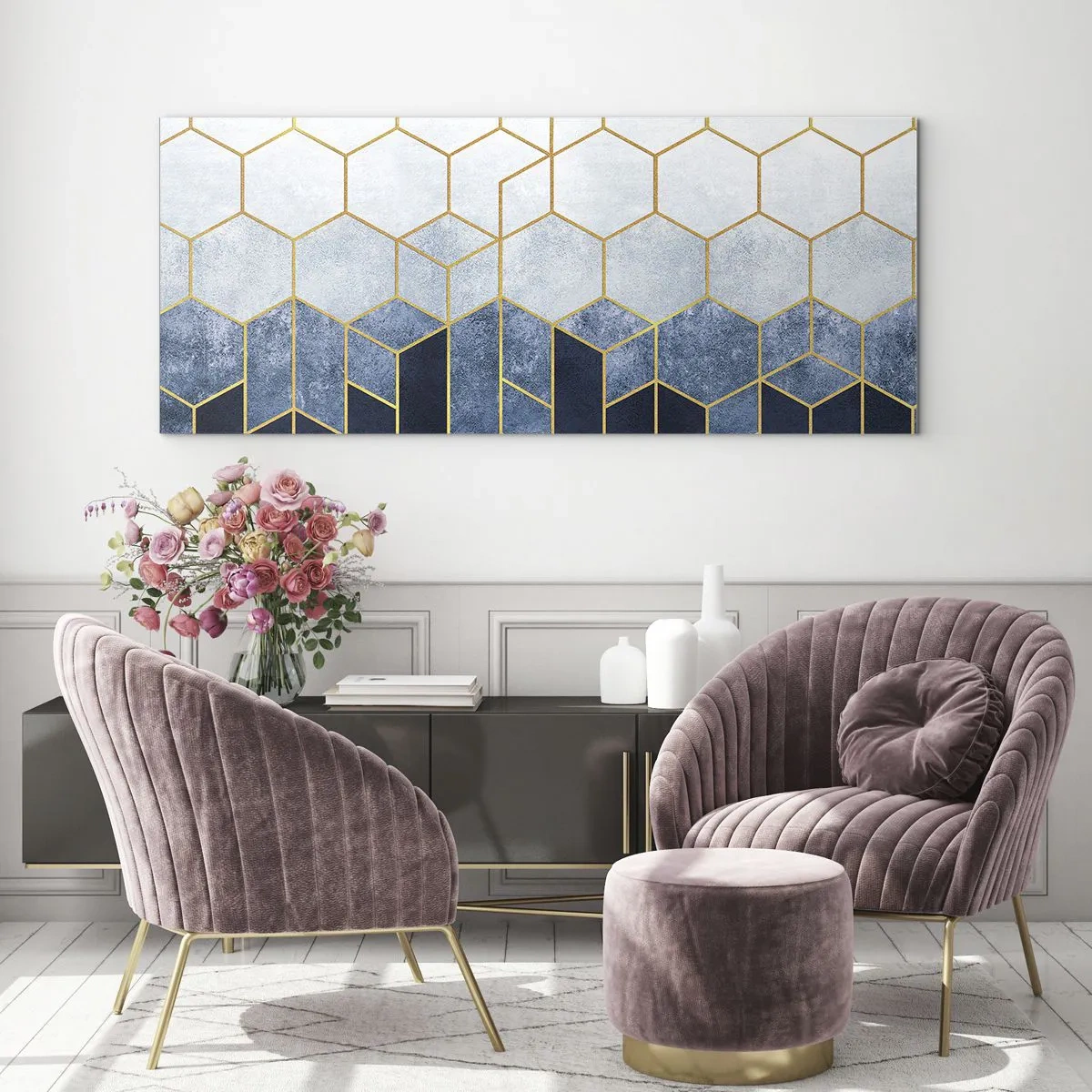 Quadro su vetro - Motivo geometrico nei toni dell'oro e del blu navy - 140x50cm - Composizione a ritmo sincopato - Decorazione murale moderna per soggiorno e camera da letto ARTTOR