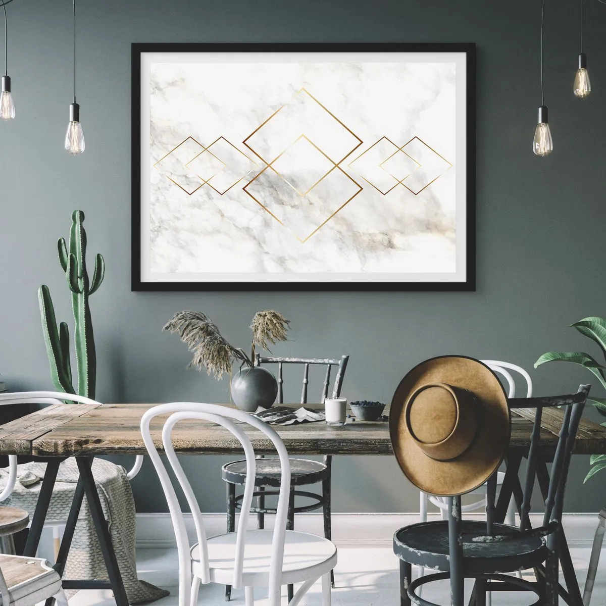 Poster in cornice nera - Rombi dorati minimalisti su uno sfondo di marmo - 100x70cm - Vista sull'infinito - Decorazione murale moderna per soggiorno e camera da letto ARTTOR