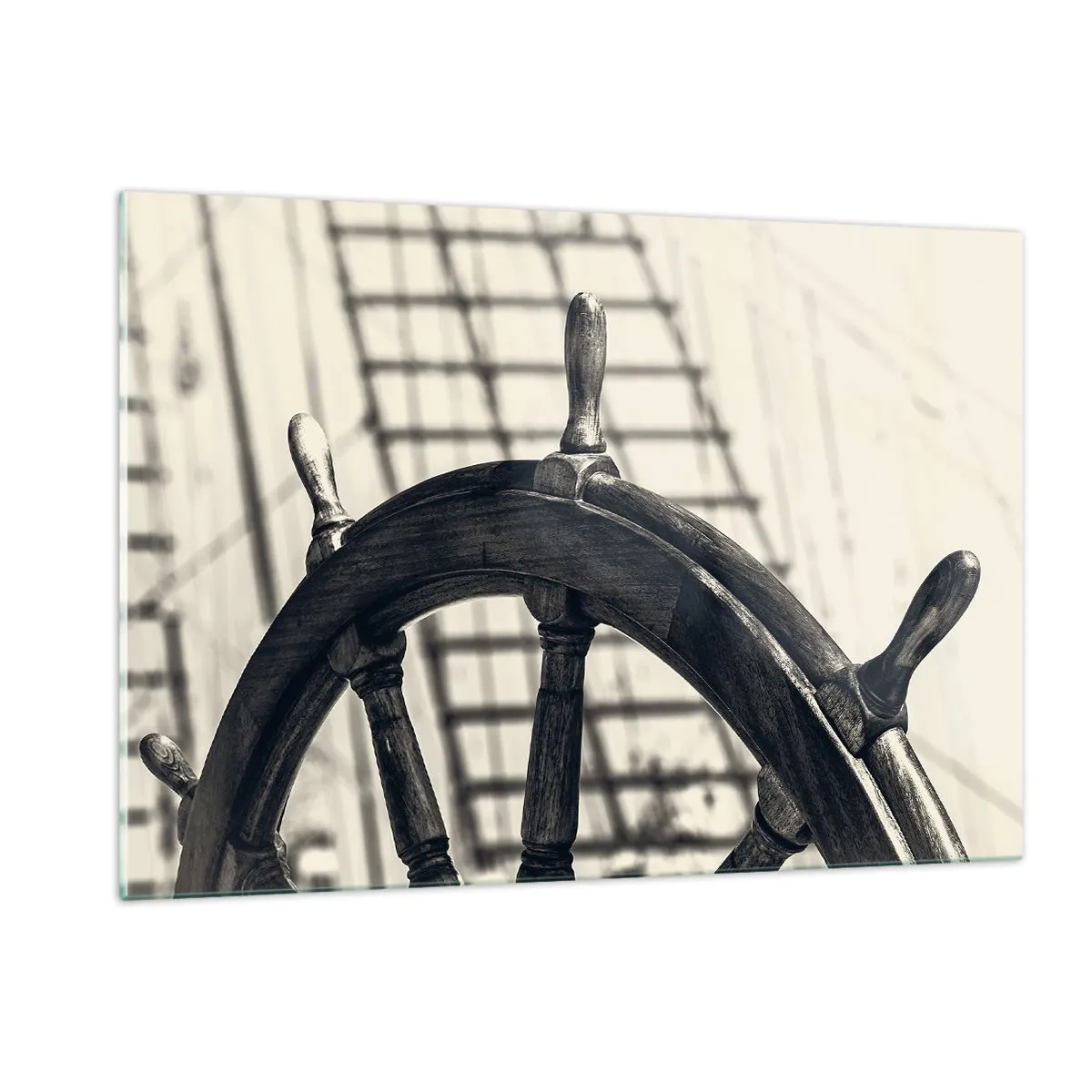 Quadro su vetro - Timone nautico bianco e nero - 120x80cm - Racconti del mare - Decorazione murale moderna per soggiorno e camera da letto ARTTOR