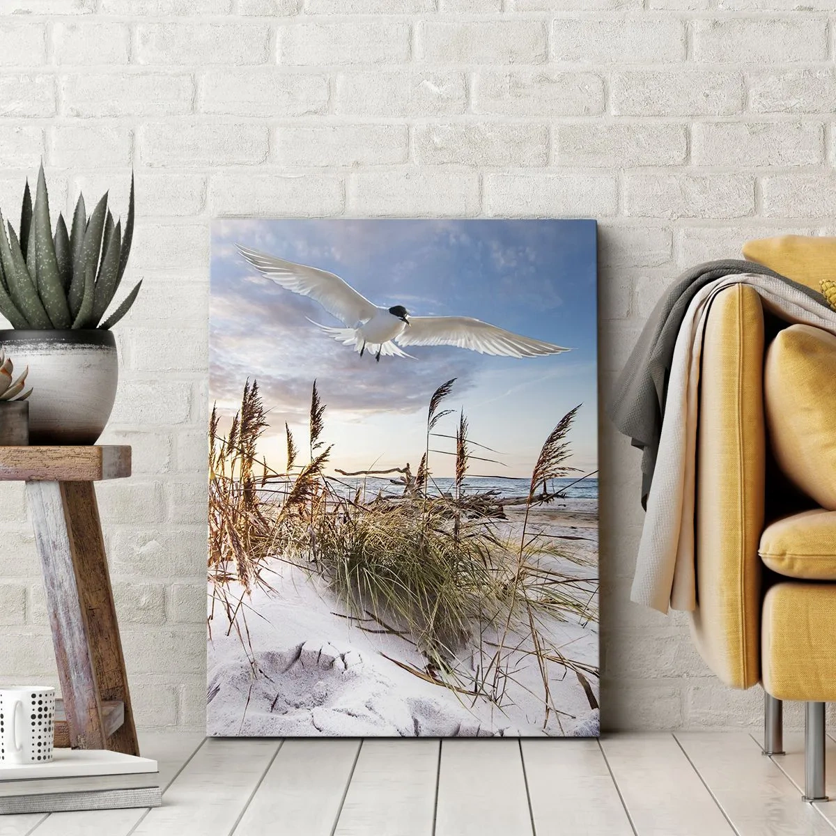 Quadro su tela - Stampe su Tela - Spiaggia con gabbiani che volano al tramonto - 50x70cm - Vento dal mare - Decorazione murale moderna per soggiorno e camera da letto ARTTOR