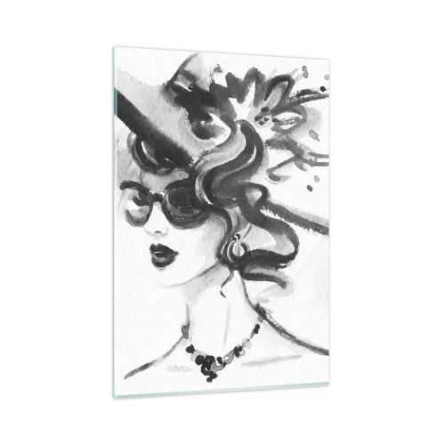 Quadro su vetro - Donna elegante con cappello in stile bianco e nero - 80x120cm - Donna di carattere - Decorazione murale moderna per soggiorno e camera da letto ARTTOR