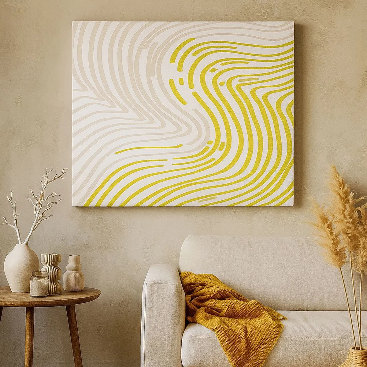 Quadro su tela - Stampe su Tela - Un motivo astratto con linee ondulate nelle tonalità del giallo e del beige. - 70x50cm - Composizione con lieve deflessione - Decorazione murale moderna per soggiorno e camera da letto ARTTOR