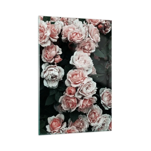 Quadro su vetro - Rose rosa su sfondo scuro in una composizione delicata - 80x120cm - Composizione di rose - Decorazione murale moderna per soggiorno e camera da letto ARTTOR
