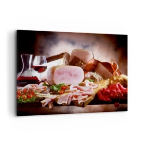 Quadro su tela - Stampe su Tela - Affettati con vino su sfondo rustico - 100x70cm - Sogno culinario con caraffa - Decorazione murale moderna per soggiorno e camera da letto ARTTOR