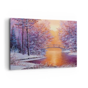 Quadro su tela - Stampe su Tela - Paesaggio invernale con ponte e tramonto - 120x80cm - Incontriamoci qui - Decorazione murale moderna per soggiorno e camera da letto ARTTOR