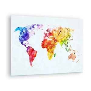 Quadro su vetro - Mappa del mondo ad acquerello con colori vivaci - 70x50cm - Tutti i colori del mondo - Decorazione murale moderna per soggiorno e camera da letto ARTTOR