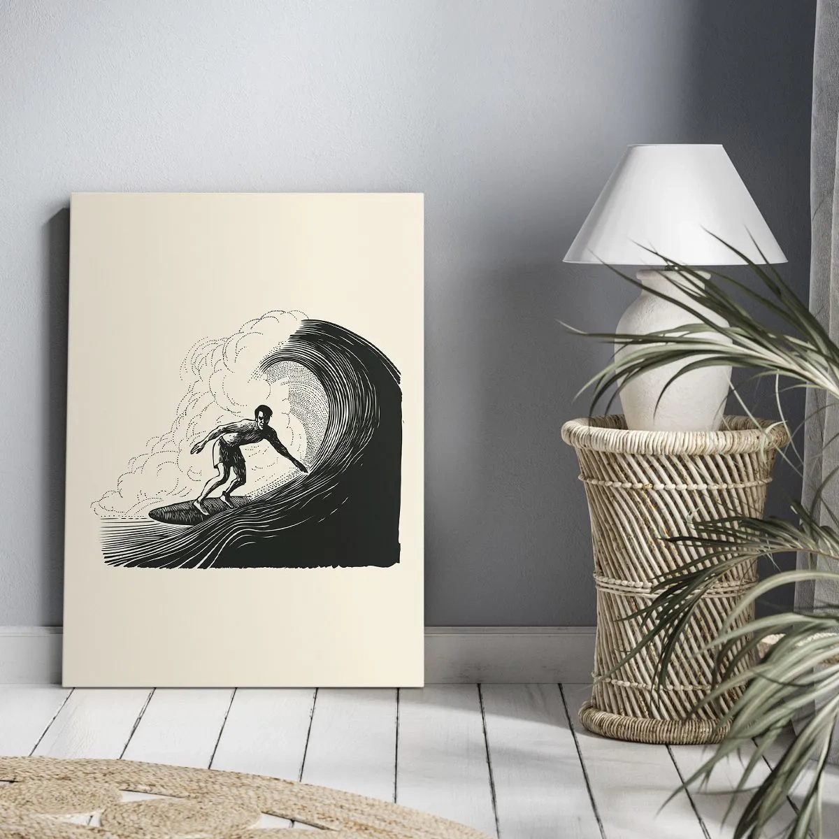 Quadro su tela - Stampe su Tela - Grafica in bianco e nero di un surfista che cavalca un'onda - 50x70cm - Il re delle onde - Decorazione murale moderna per soggiorno e camera da letto ARTTOR