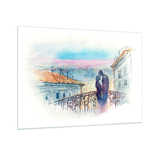 Quadro su vetro - Coppia sul balcone che si gode un romantico tramonto - 100x70cm - Amanti parigini - Decorazione murale moderna per soggiorno e camera da letto ARTTOR