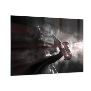 Quadro su vetro - Sassofonista in una nebbia di fumo in bianco e nero - 100x70cm - Nei fumi del jazz - Decorazione murale moderna per soggiorno e camera da letto ARTTOR
