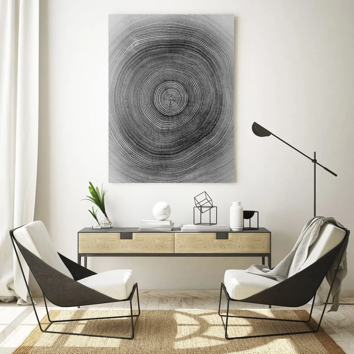 Quadro su vetro - Modello di anelli di un albero in bianco e nero che mostra una sezione trasversale del tronco - 70x100cm - I segni del tempo - Decorazione murale moderna per soggiorno e camera da letto ARTTOR
