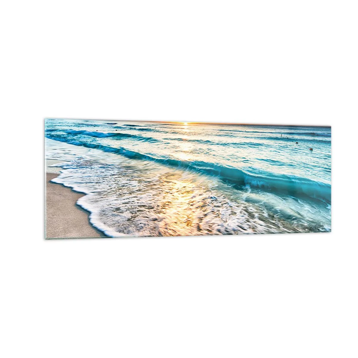 Quadro su vetro - Alba su una spiaggia tranquilla con onde - 140x50cm - Tramonto sul mare - Decorazione murale moderna per soggiorno e camera da letto ARTTOR