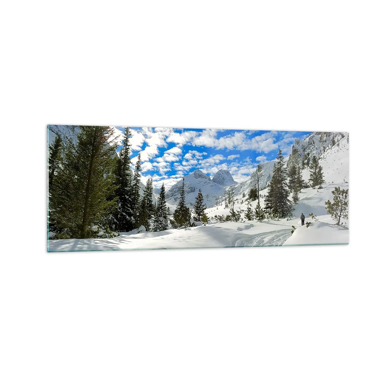 Quadro su vetro - Paesaggio montano invernale con foresta e sentiero nella neve - 140x50cm - Nella neve e nel sole - Decorazione murale moderna per soggiorno e camera da letto ARTTOR