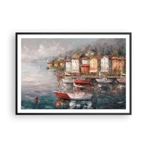 Poster in cornice nera - Paesaggio marino con barche e case colorate - 100x70cm - Molo romantico - Decorazione murale moderna per soggiorno e camera da letto ARTTOR