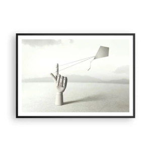 Poster in cornice nera - Una mano di legno minimalista con un aquilone su uno sfondo paesaggistico. - 100x70cm - Prova di forza - Decorazione murale moderna per soggiorno e camera da letto ARTTOR