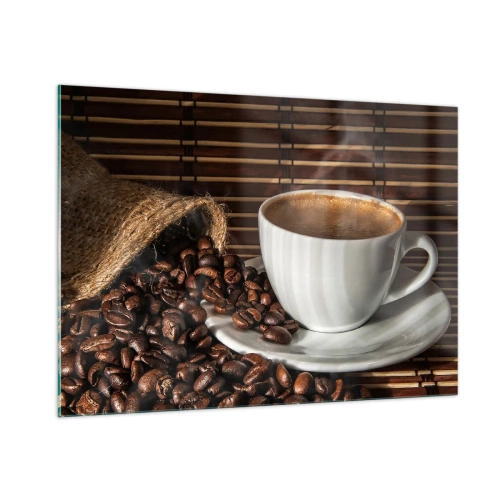 Quadro su vetro - Una tazza di caffè con chicchi su uno sfondo rustico - 100x70cm - Nero del carbone, trasparenza dell'ambra - Decorazione murale moderna per soggiorno e camera da letto ARTTOR
