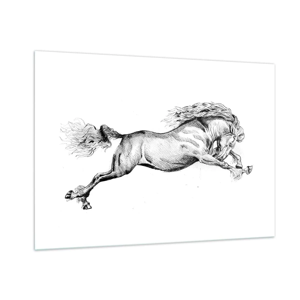 Quadro su vetro - Disegno in bianco e nero di un cavallo al galoppo - 100x70cm - Fermo al galoppo - Decorazione murale moderna per soggiorno e camera da letto ARTTOR