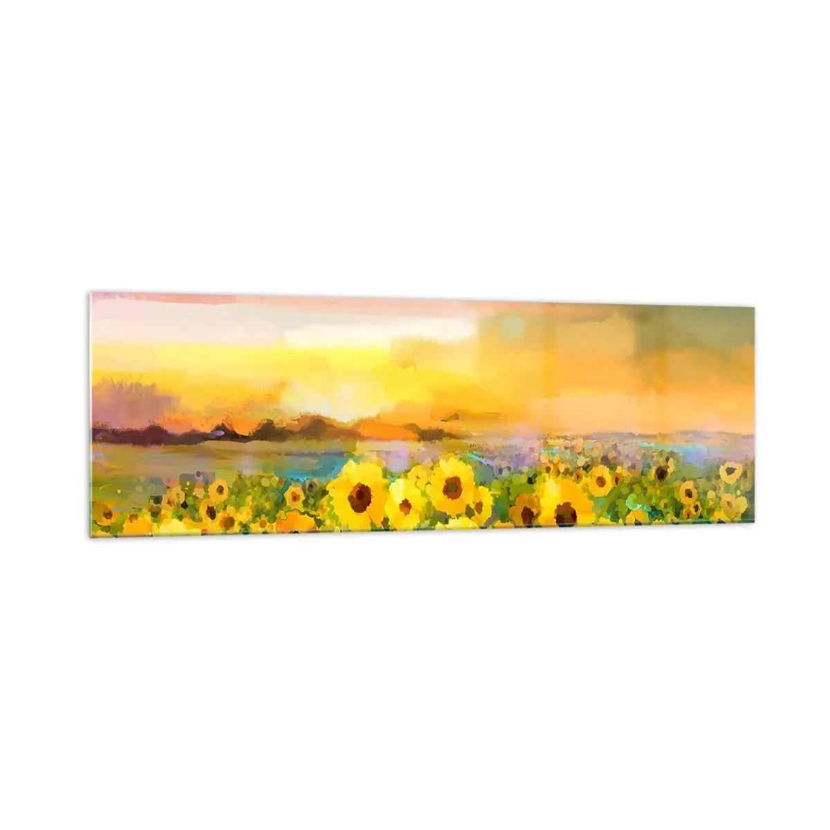 Quadro su vetro - Un campo di girasoli alla luce del sole al tramonto - 160x50cm - Il sole è sceso sulla terra - Decorazione murale moderna per soggiorno e camera da letto ARTTOR