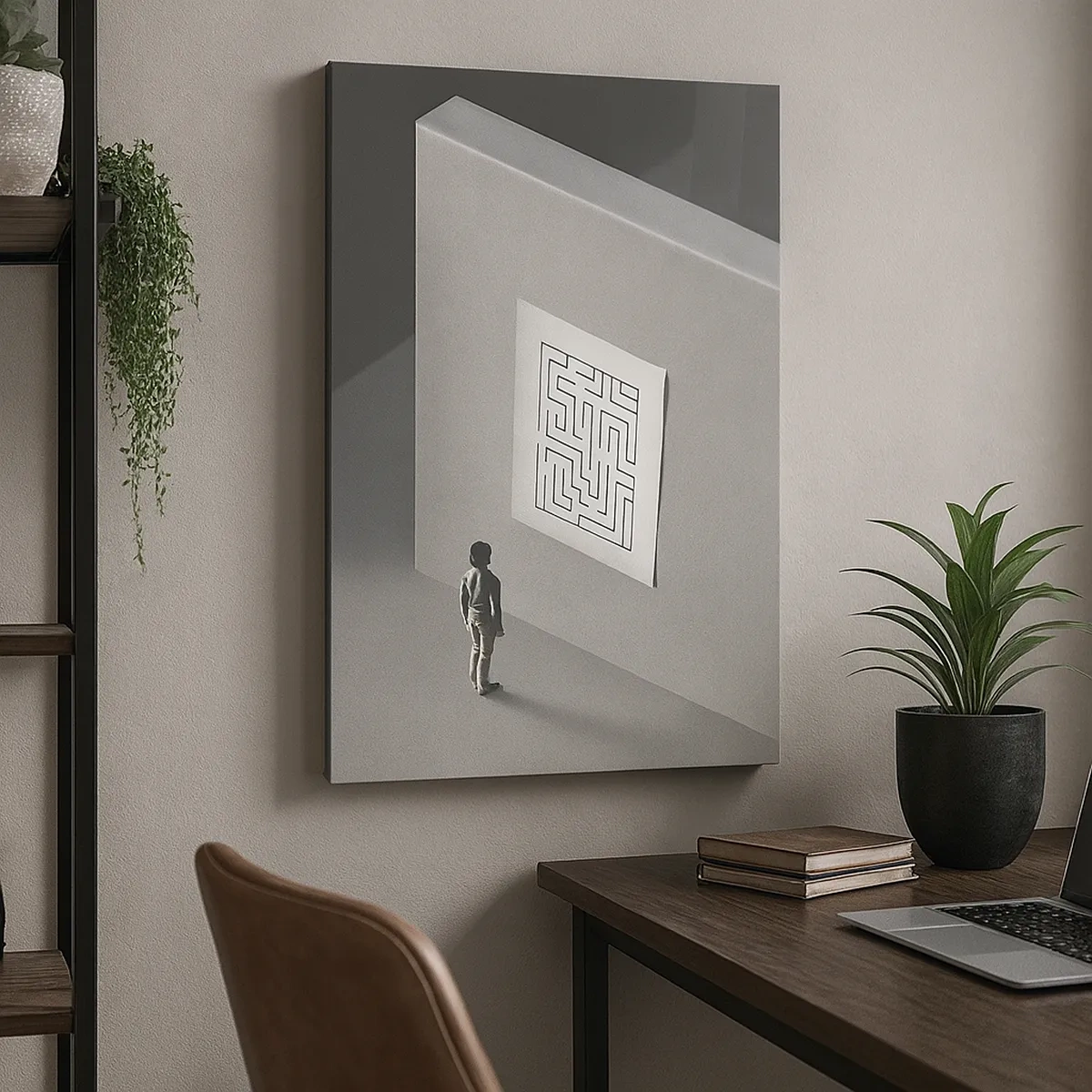 Quadro su tela - Stampe su Tela - Una figura in un labirinto che guarda una mappa appesa - 50x70cm - Ma dove mi trovo? - Decorazione murale moderna per soggiorno e camera da letto ARTTOR