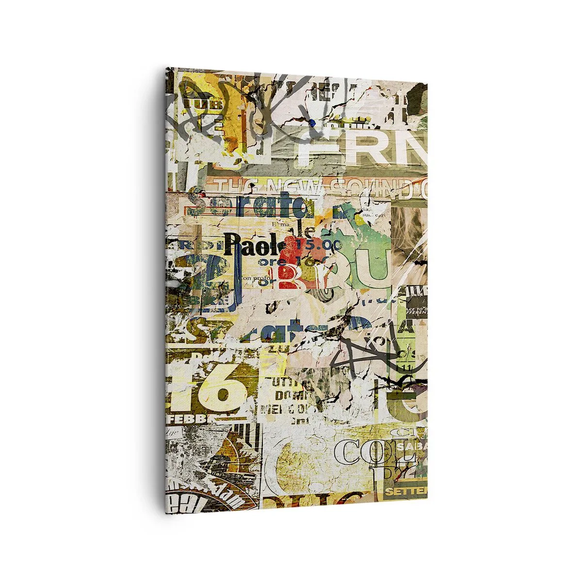 Quadro su tela - Stampe su Tela - Un collage di frammenti di giornali e manifesti in stile artistico. - 80x120cm - Qualcosa sta succedendo… - Decorazione murale moderna per soggiorno e camera da letto ARTTOR