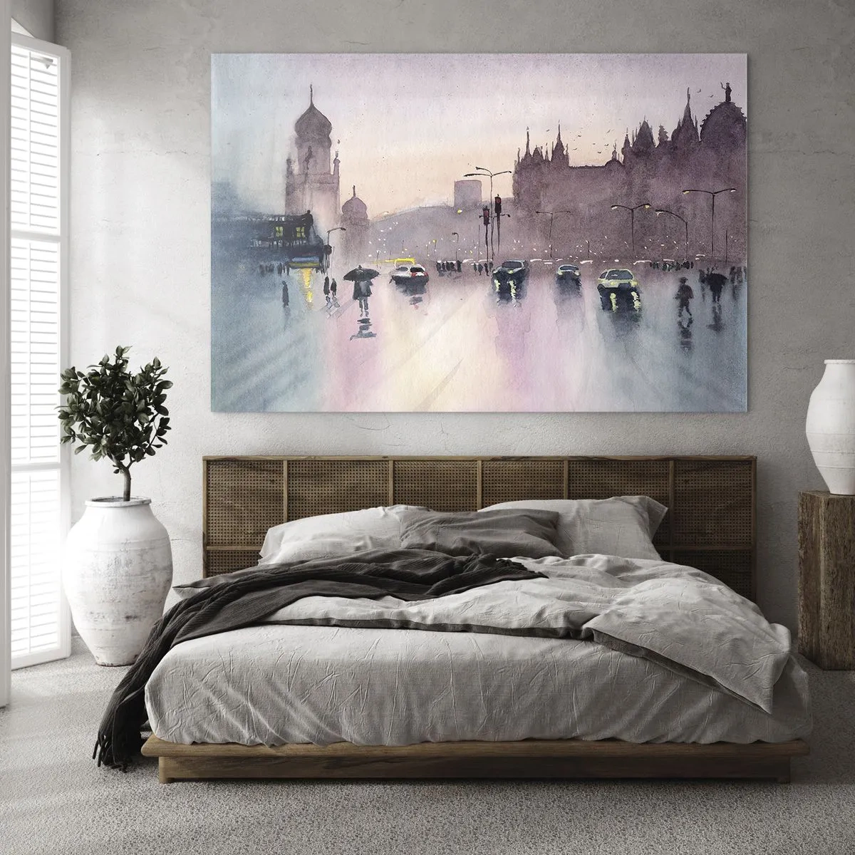 Quadro su vetro - Paesaggio urbano piovoso - 70x50cm - Nella nebbia piovigginosa - Decorazione murale moderna per soggiorno e camera da letto ARTTOR