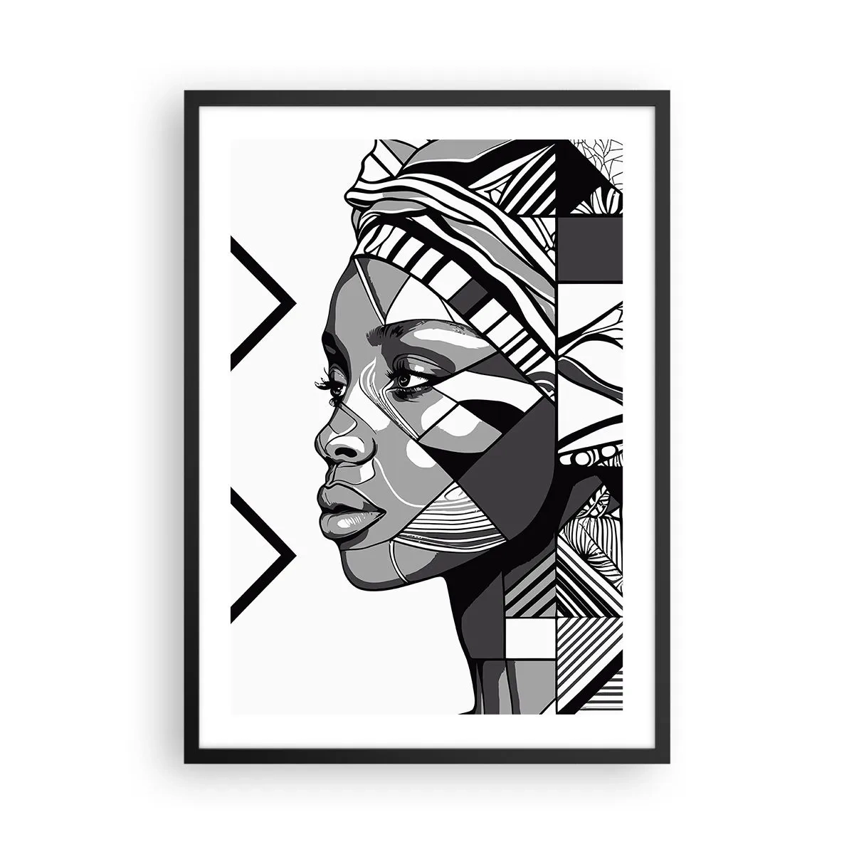 Poster in cornice nera - Ritratto geometrico di una donna in bianco e nero - 50x70cm - Ritratto etnico - Decorazione murale moderna per soggiorno e camera da letto ARTTOR