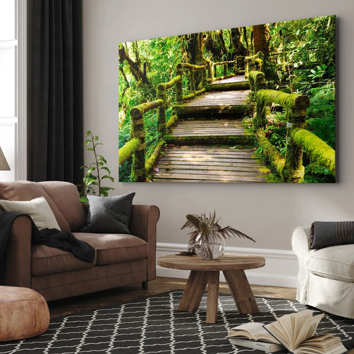 Quadro su tela - Stampe su Tela - Un ponte di legno ricoperto di muschio in una foresta pluviale tropicale - 100x70cm - Un corridoio nel verde - Decorazione murale moderna per soggiorno e camera da letto ARTTOR