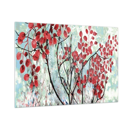 Quadro su vetro - Rami con foglie rosse su uno sfondo dipinto - 100x70cm - Albero in scarlatto - Decorazione murale moderna per soggiorno e camera da letto ARTTOR