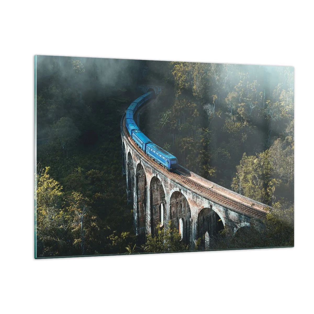 Quadro su vetro - Un treno blu che viaggia lungo un viadotto di pietra nella foresta - 120x80cm - Attrazione della natura - Decorazione murale moderna per soggiorno e camera da letto ARTTOR