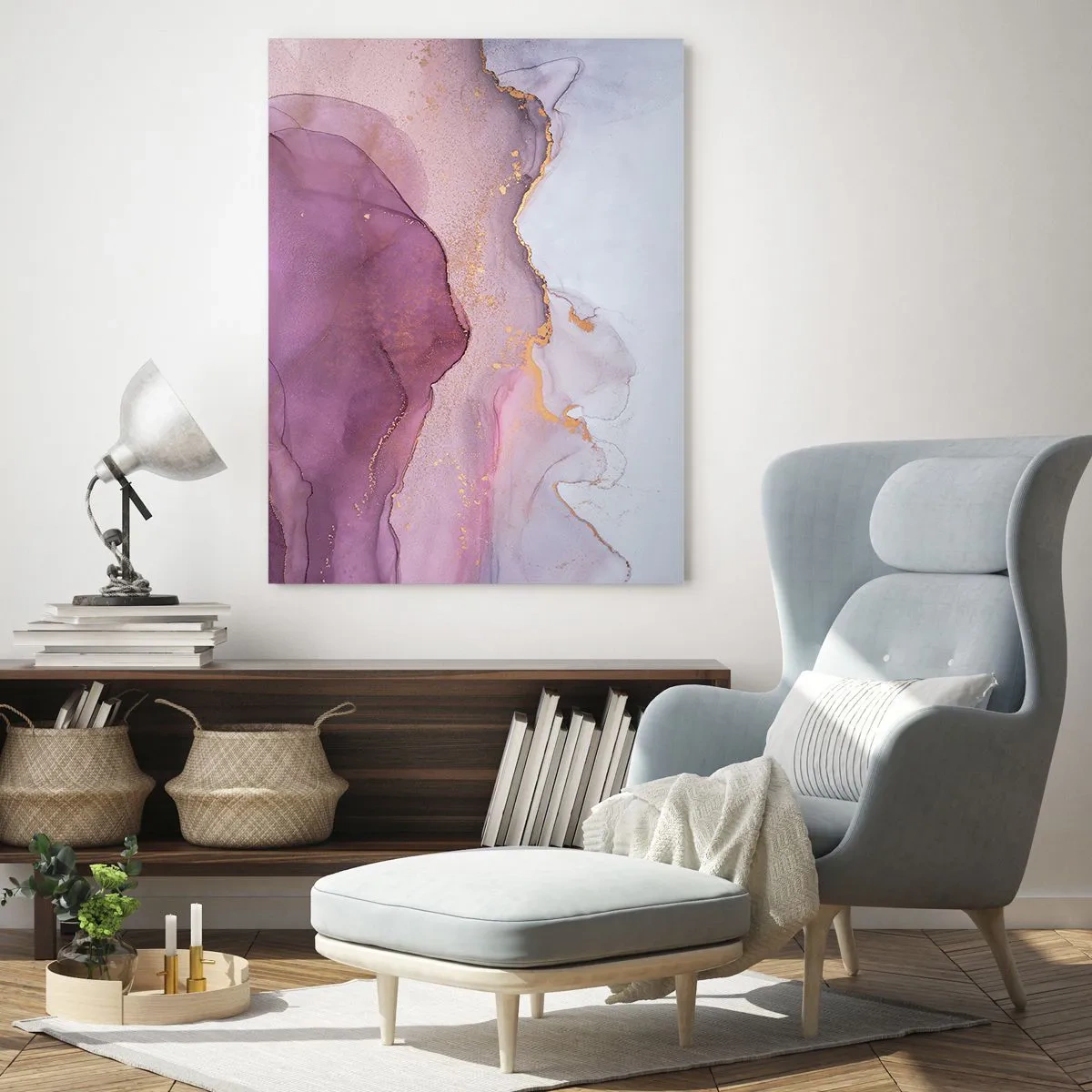 Quadro su vetro - Una composizione astratta nei toni del viola e dell'oro. - 70x100cm - Onde di lilla e viola - Decorazione murale moderna per soggiorno e camera da letto ARTTOR